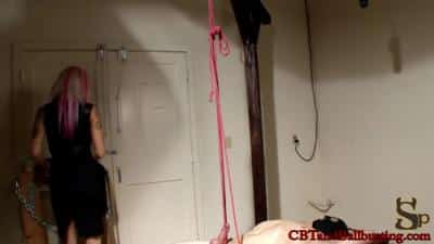 Cbt Mistress Night Shadow Ties Cock And Balls To Ceiling With Weights 1