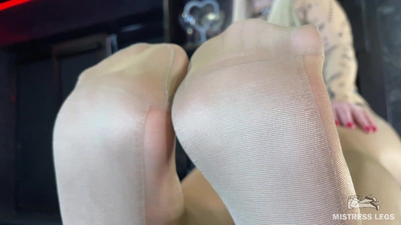 Mistress Legs - Beautiful Feet Of The Mistress In Flesh Colored Tights Tease You On The Table Close Up 2