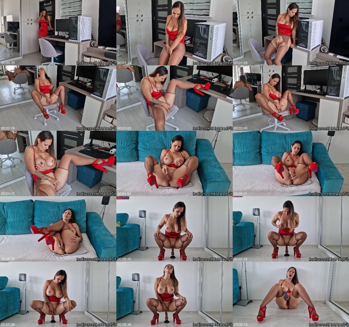 IndiscreetHotAndFit 0362 Ripped pantyhose and wet cunt under red satin dress 6