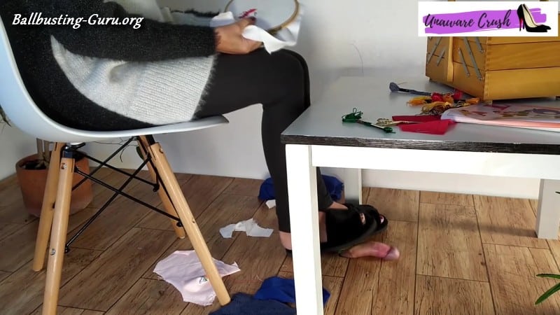 Unaware Crush - Black Fluffy Slippers Cock Crush While Embroidering 5