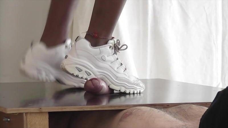 ABALLS AND COCK CRUSHING SEXBOMB - CBTRAMPLE - Brutal Trampling And Ballbusting On The Cockbox By Carolina Escobal In White Skechers 1
