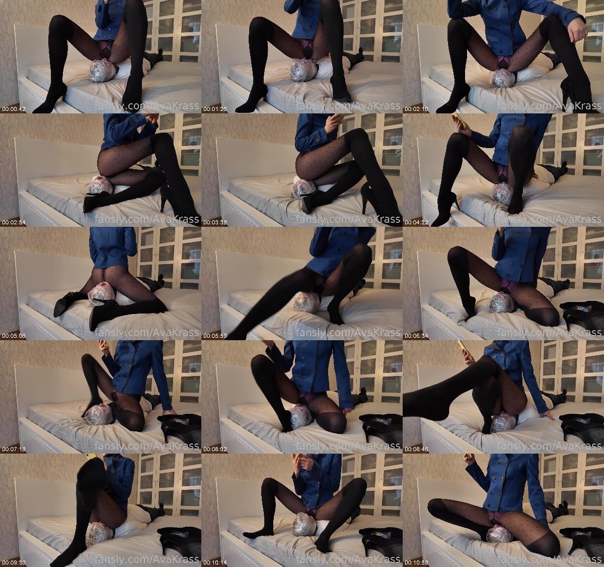 Ava Krass - facesitting in a blue jacket and black tights 6