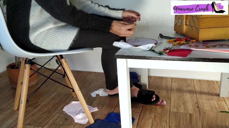 UNAWARE CRUSH - Lady's Black fluffy slippers - cock crush - while embroidering 4