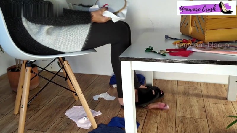 UNAWARE CRUSH - Lady's Black fluffy slippers - cock crush - while embroidering 5