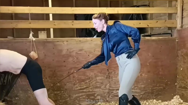 Madam M - Sadistic Stables Sack Smashing extreme ballbusting and cropping punishment 5