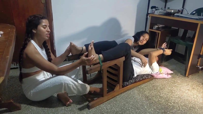 Ticklish Latinas Ale gets tickled on her feet and belly by her friends 5