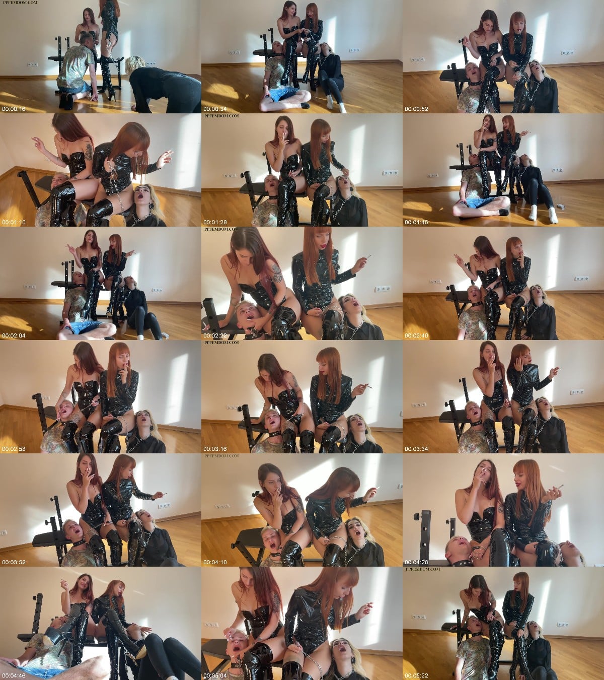 Petite Princess FemDom - Latex Mistresses Smoking And Spitting In Mouths Of Two Different Sex Human Ashtray Slaves 6