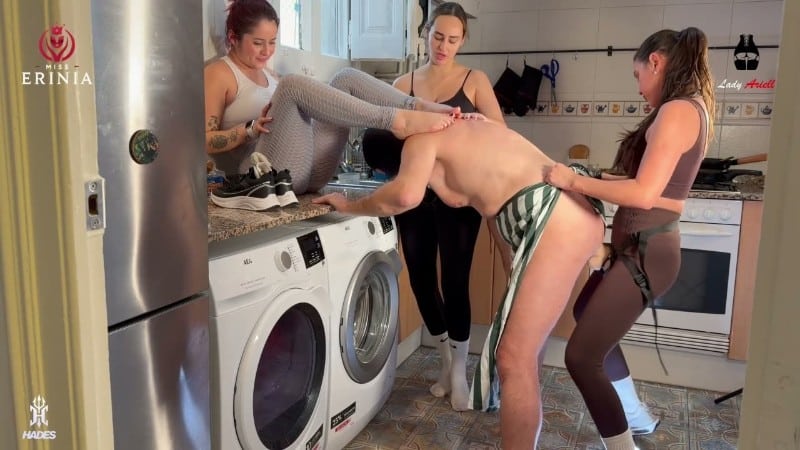 MissErinia - Three-way gang bang of Mistresses on the slave in the kitchen 5